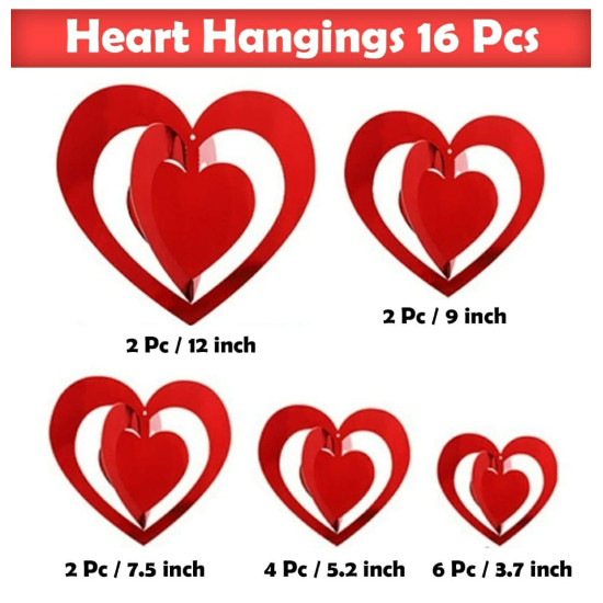 3D Love Heart Shape Hanging Strip Decoration Kit Red Pack of 16 Pcs