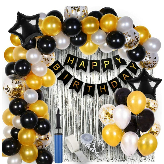 Happy Birthday Decoration Items Birthday Decoration Metallic Balloons kit (63 Pcs Combo, Black, White, Golden)