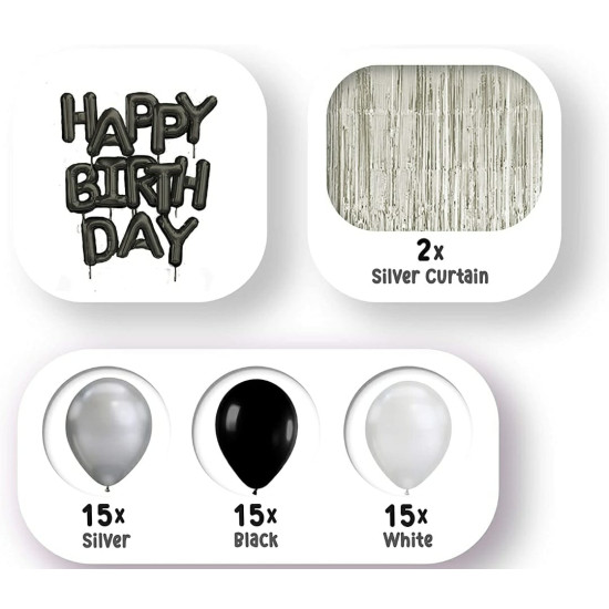 Happy Birthday Letters , Silver Curtains , Black white & Silver Theme Metallic Foil Balloons 60pc set