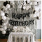 Happy Birthday Letters , Silver Curtains , Black white & Silver Theme Metallic Foil Balloons 60pc set